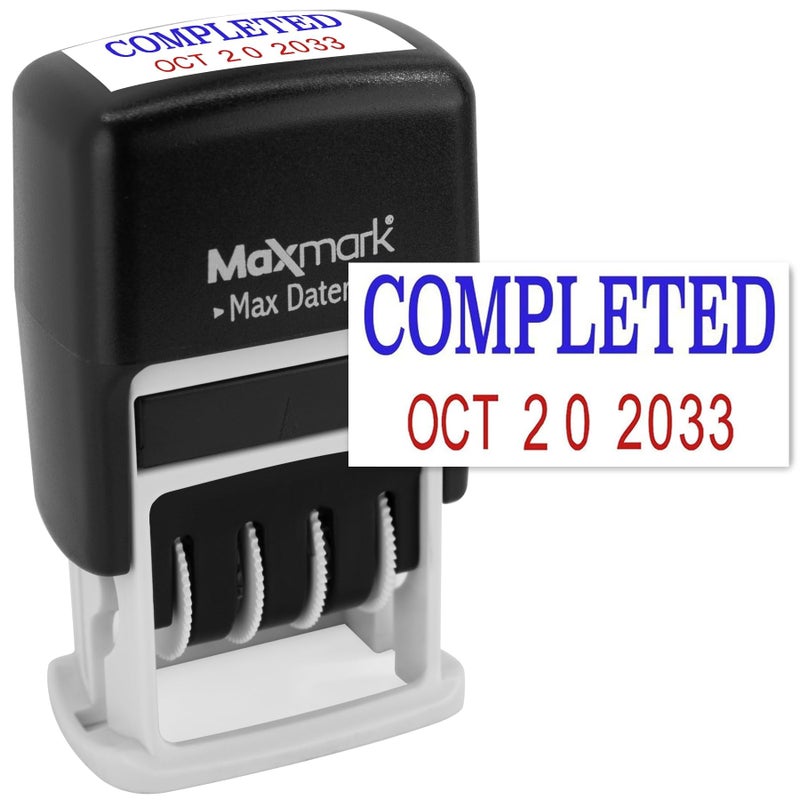 MaxMark Self-Inking Rubber Date Office Stamp with Completed Phrase Blue Ink & Date RED Ink (Max Dater II), 12-Year Band - Image 1